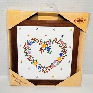 Floral Heart Wood Framed Ceramic Tile Trivet NIB